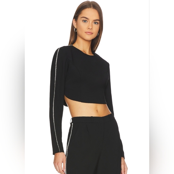 NWT Amanda Uprichard Crewe Rhinestone Long‎ Sleeve Crop Black Top XS - Picture 1 of 9